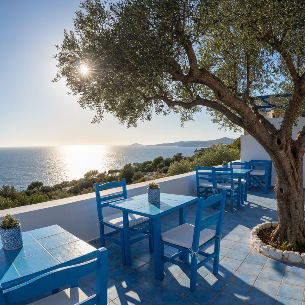 Mediterranean terrace with peaceful setting overlooking blue sea, representing the educational focus of GreekLifeWellness