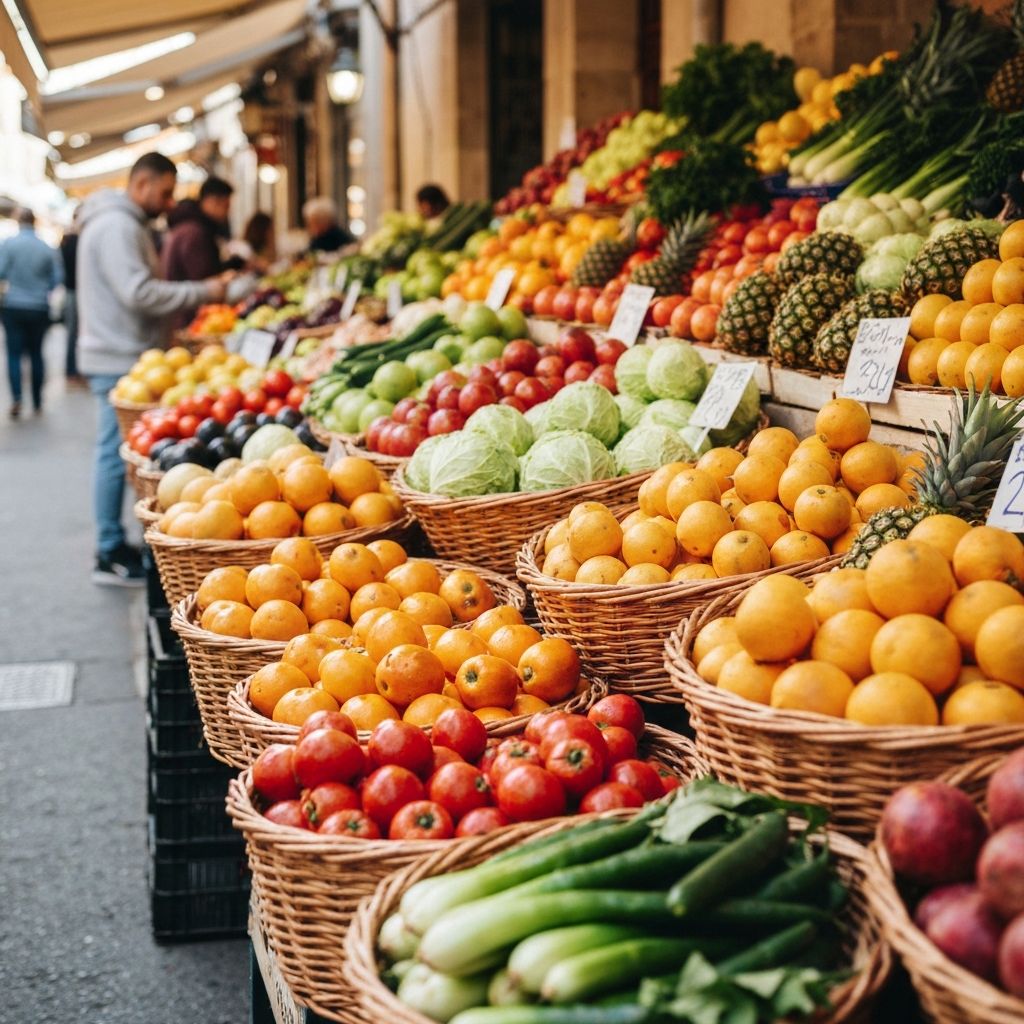 Fresh seasonal fruits and vegetables in wicker baskets at Mediterranean market
