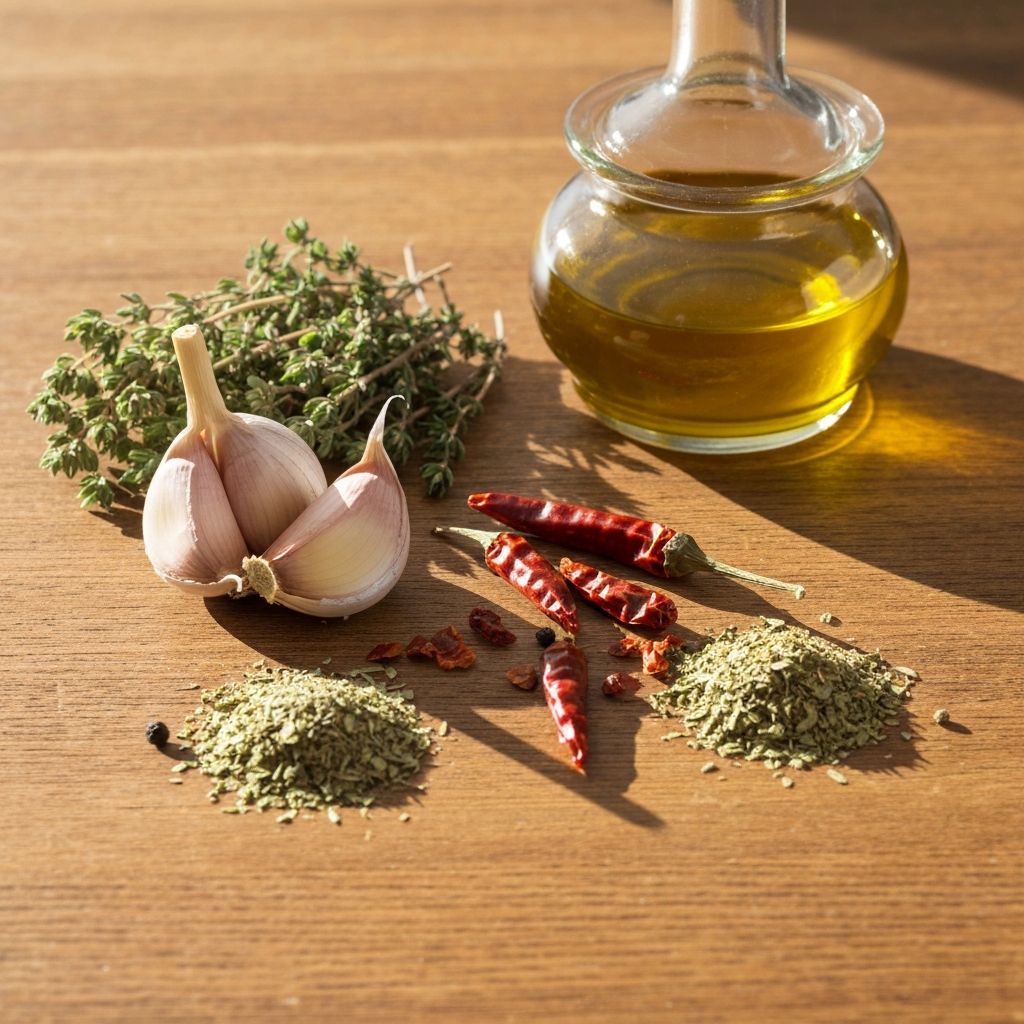 Natural Mediterranean spices and herbs arranged on wooden table with traditional ingredients
