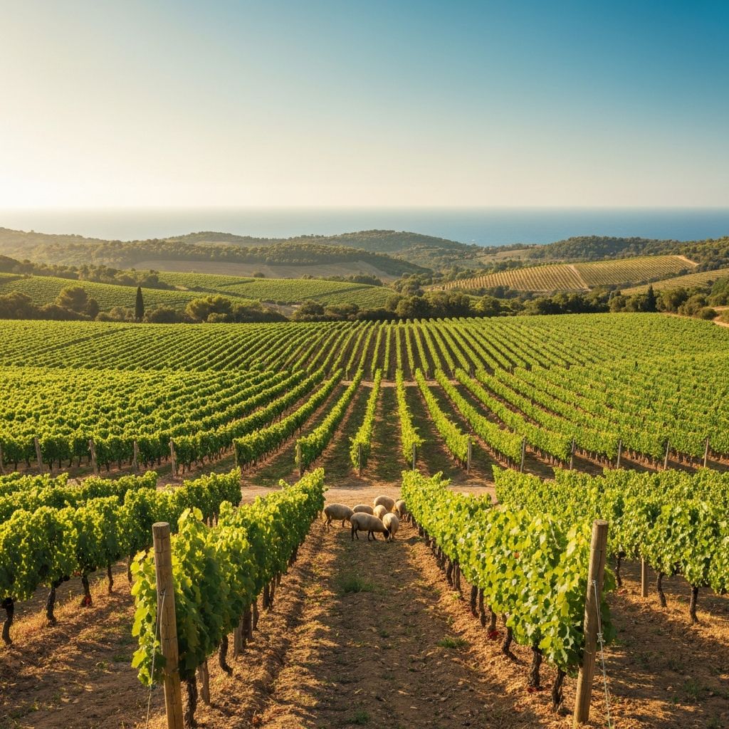 Mediterranean vineyard landscape with rolling hills and grapevines overlooking the sea