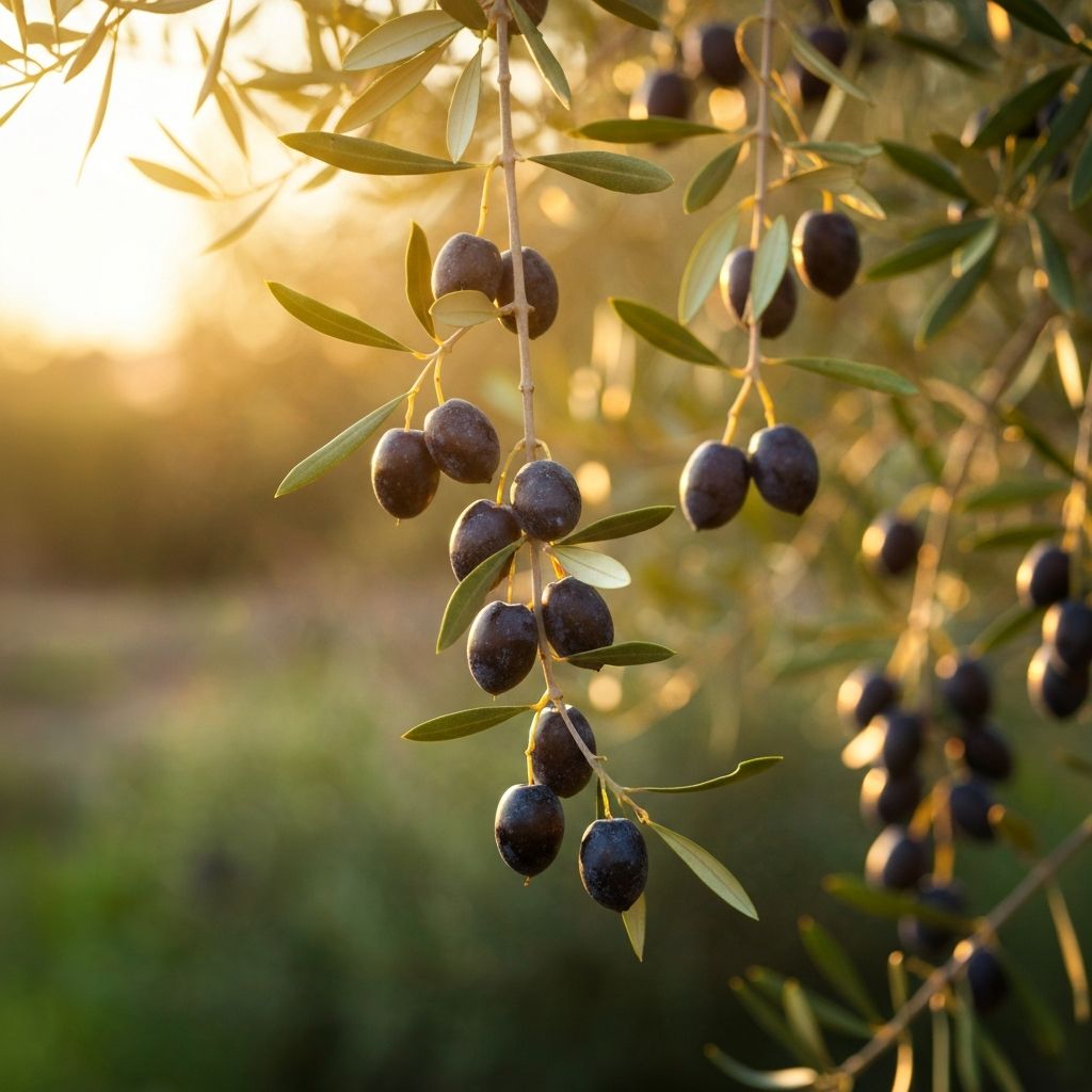 Olive branches with ripe olives hanging in Mediterranean sunlight